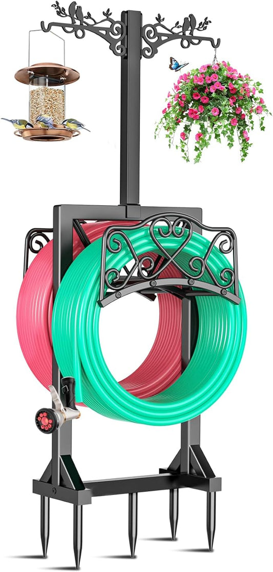 Garden Hose Holder for Outside,Water Hose Holders with 2 Bird Statue Shepherds Hooks & 5 Spikes,Double-Sided Freestanding Hose Stand Heavy Duty Hose Storage Rack for Outdoor Yard Lawn Farm