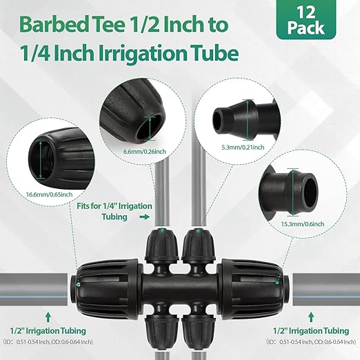 RedChili 12 Pcs 1/2" to 1/4" Drip Irrigation Fittings, Dripline 1/2 Inch (1/2" ID x0.6-0.65" OD) to 1/4 Inch Reducing Tee Adapter Drip Tubing Barbed Lock Nuts 1/2" to 1/4" Irrigation 6 Way Connectors