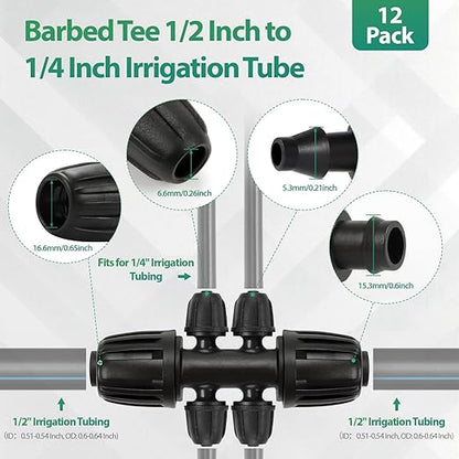 RedChili 12 Pcs 1/2" to 1/4" Drip Irrigation Fittings, Dripline 1/2 Inch (1/2" ID x0.6-0.65" OD) to 1/4 Inch Reducing Tee Adapter Drip Tubing Barbed Lock Nuts 1/2" to 1/4" Irrigation 6 Way Connectors