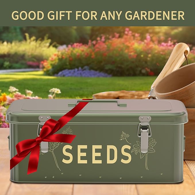 Orionstar Seed Storage Organizer, Metal Seed Saving Box with Lid, Seed Bin with 30 Plant Labels 30 Seed Envelopes 1 Marker Pens, 4 Compartments Box with Safety Locks, Blackish Green