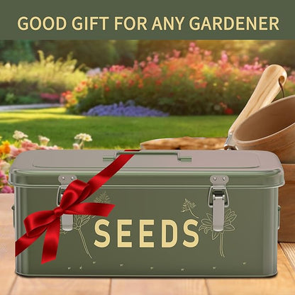 Orionstar Seed Storage Organizer, Metal Seed Saving Box with Lid, Seed Bin with 30 Plant Labels 30 Seed Envelopes 1 Marker Pens, 4 Compartments Box with Safety Locks, Blackish Green