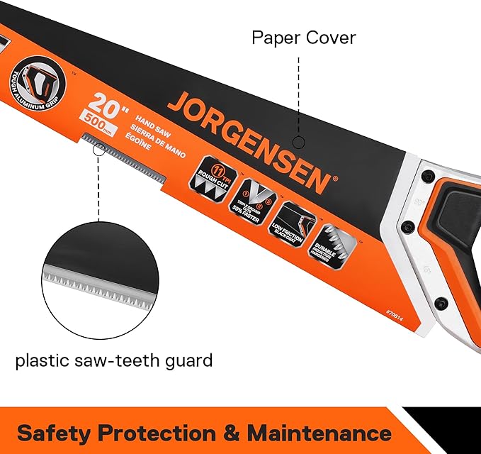 JORGENSEN 20 Inch Black Coated Pro Hand Saw, 11 TPI Fine-Cut Ergonomic Non-Slip Aluminum Ultrasonic Welding Handle for Sawing, Trimming, Gardening, Woodworking, Drywall, Plastic Pipes