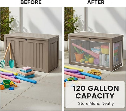 120 Gallon Resin Deck Box, Outdoor Storage Chest for Patio Furniture Cushions, Garden Tools, Pool Accessories | Lockable, Waterproof, All-Weather, Easy Assembly, Wood Grain Design