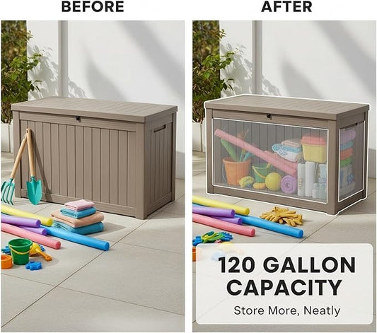 120 Gallon Resin Deck Box, Outdoor Storage Chest for Patio Furniture Cushions, Garden Tools, Pool Accessories | Lockable, Waterproof, All-Weather, Easy Assembly, Wood Grain Design