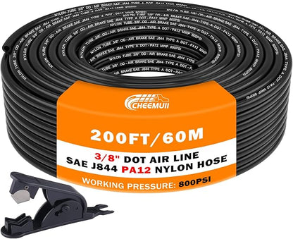 CheeMuii 200 FT 3/8 Pneumatic Tubing 3/8" DOT Air Line SAE J844 PA12 Nylon DOT Air Hose 61 Meter 3/8 Inch OD Pneumatic Air Tubing Pipe Hose Line