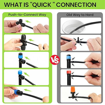 Bonviee Drip Irrigation System, 230FT Garden Watering System with Quick-to-Connect Fittings, Adjustable Drip Emitters, 1/4” & 5/16” Tubing, Drip Irrigation Kit for Raised Garden Beds, Greenhouse, Lawn