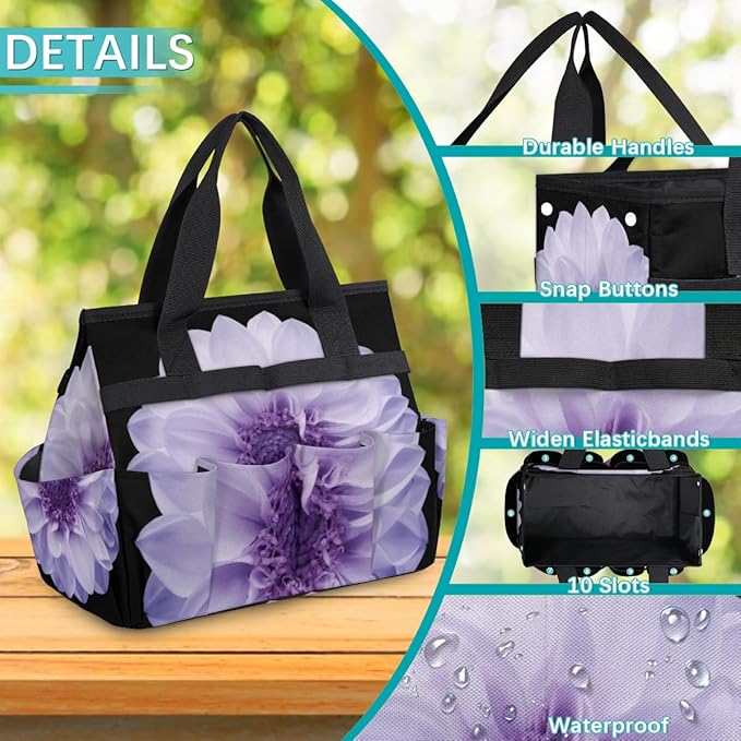 Purple Dahlia Garden Tool Bag Waterproof Gardening Tool Storage Bag with Handle & 10 Pockets Gardening Tote Bag for Women Garden Tool Organizer