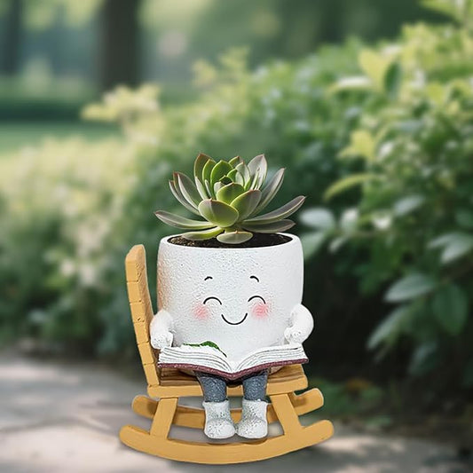 Smily Face Rocking Chair Reading Book Planter Pots, Cute Resin Flower Head Succulent Planters for Indoor Plants, Gift IdeaI for Mother Christmas Birthday with Drainage Hole