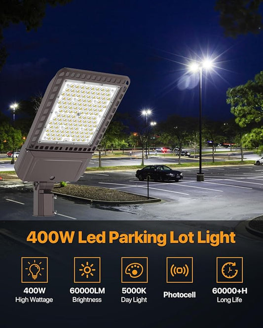Led Parking Lot Lights Outdoor 400W 60,000LM Slip Fitter Street Pole Light with Dusk-to-Dawn Photocell 100-277V IP65 Waterproof 5000K Commercial Area Lighting for Parking Lot, Roadways 2Pack