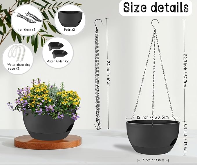 2 Pack 12 Inch Large Hanging Planters with Chains Self Watering Black Plastic Hanging Pots for Indoor Outdoor Plants, Garden Porch Home Decor，Black