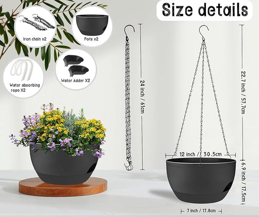 2 Pack 12 Inch Large Hanging Planters with Chains Self Watering Black Plastic Hanging Pots for Indoor Outdoor Plants, Garden Porch Home Decor，Black