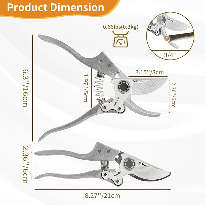 BOOSDEN Bypass Pruning Shears，8’’ Professional Garden Shears, Plant Garden Scissors with Sharp SK5 Steel Blades, Handheld Clippers for Cutting Flower, Trimming Plants, Bonsai, Fruits Picking