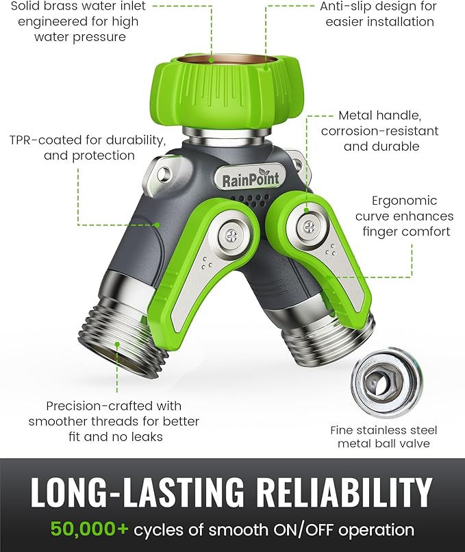 RAINPOINT Garden Hose Splitter, 2 Way Heavy Duty Water Hose Y Spigot Splitter with Shutoff Valves, 100% Metal Body Outdoor Faucet Splitter, 1.9" Extra Long Metal Handle, 3/4" GHT Thread (1, Green)