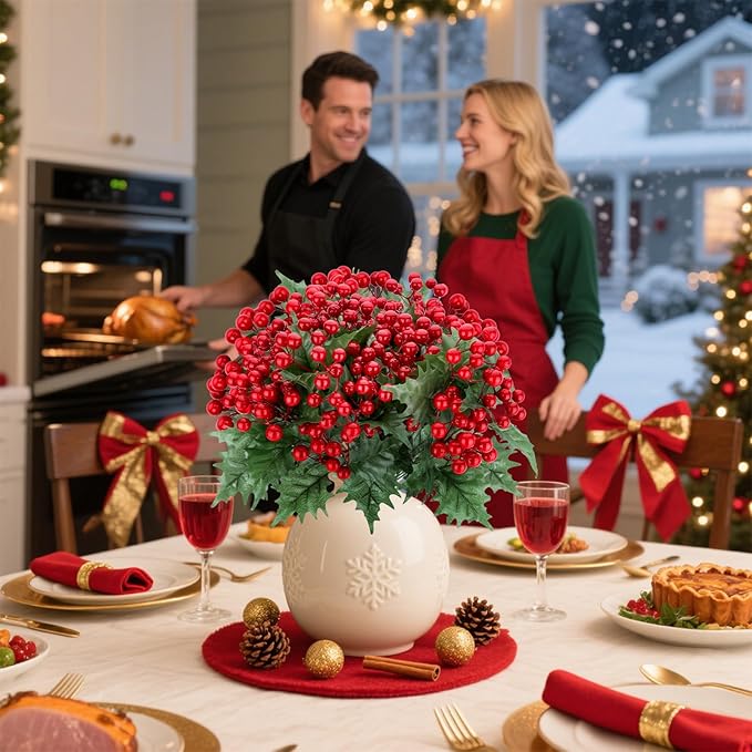 4 Bundles Artificial Christmas Flowers with Red Berry Stems, Fake Norfolk Pine Garland Branches for Winter Decor, Faux Christmas Garland Tree Picks and DIY Crafts (Green Foliage)