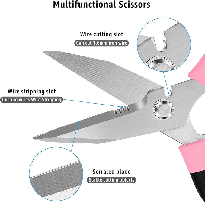 8-Inch Utility Scissors All Purpose Heavy Duty, Serrated Blade, Pink Comfort Grip for Cutting Carpet, Cardboard, Leather, Fabric, Multipurpose Sharp Shears for Kitchen, Garden, Office, Carft
