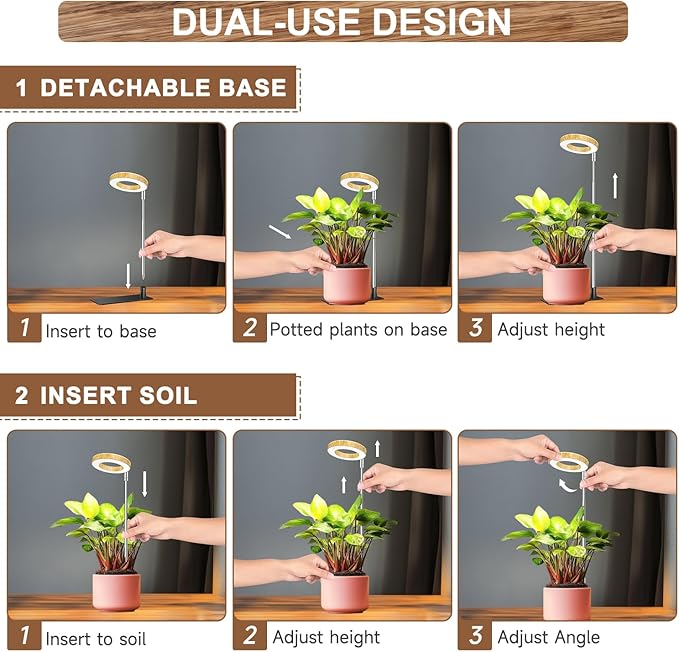 Grow Lights for Indoor Plants, 48 LEDs Full Spectrum Plant Grow Light, Height Adjustable Faux Wood Grain Halo Plant Light with Base, 3 Optional Spectrums, Auto Timer 6/12/16Hrs, 5 Brightness