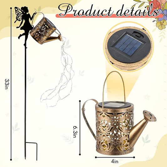 Honoson Watering Can with Lights Outdoor Garden Fairy Decor Water Can Solar Hanging Lantern Landscape Sprinkle Waterproof Twinkle LED Decorative Gift for Yard Lawn Patio Pathway(Floral Style)
