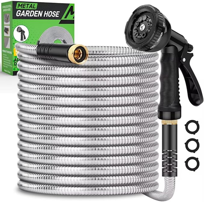 Garden Hose 100ft, Heavy Duty Stainless Steel Water Hose with 10 Functional Nozzles, No Kink, Lightweight and Flexible, Easy to Use and Store, Strong and Sturdy, Suitable for Yard and Lawn1
