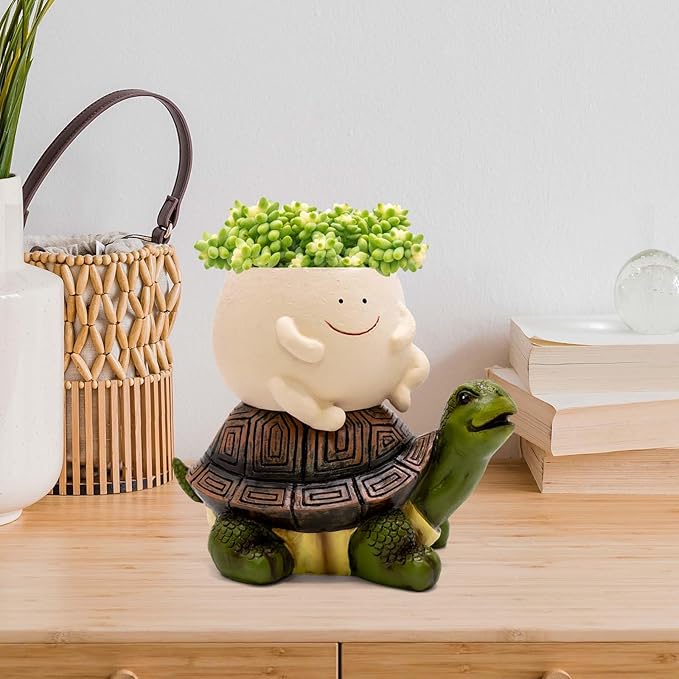 Smily Face Succulent Planter Pot, Funny Turtle Self-Watering Planter Pots, Lawn Decor Tortoise Statue for Patio, Balcony, Yard Ornament with Drainage Hole, Unique Housewarming Gifts