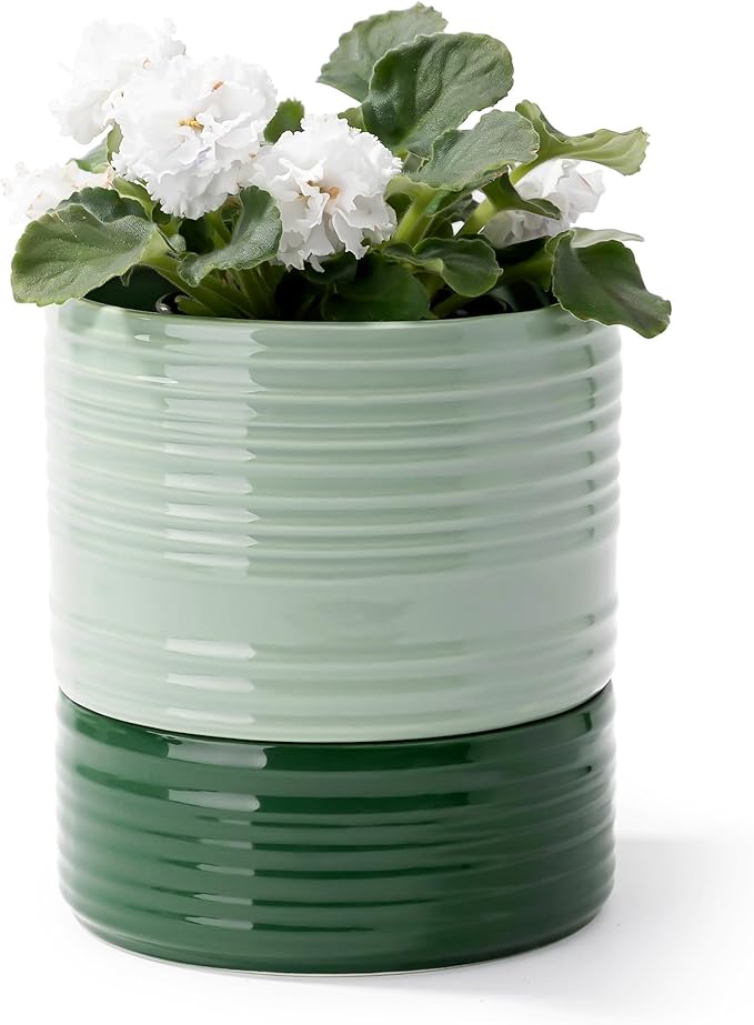 Self Watering Pots for Indoor Plants, 6 Inch Ceramic Self Watering Plant Pot, Planter Pot with Wick Rope and Drainage Hole for African Violet Succulent Herbs (Green Light)