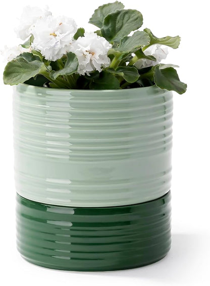 Self Watering Pots for Indoor Plants, 6 Inch Ceramic Self Watering Plant Pot, Planter Pot with Wick Rope and Drainage Hole for African Violet Succulent Herbs (Green Light)