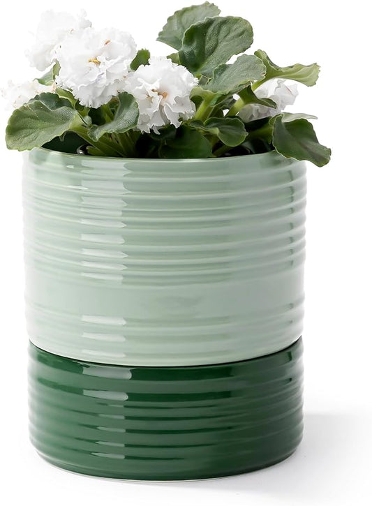 Self Watering Pots for Indoor Plants, 6 Inch Ceramic Self Watering Plant Pot, Planter Pot with Wick Rope and Drainage Hole for African Violet Succulent Herbs (Green Light)