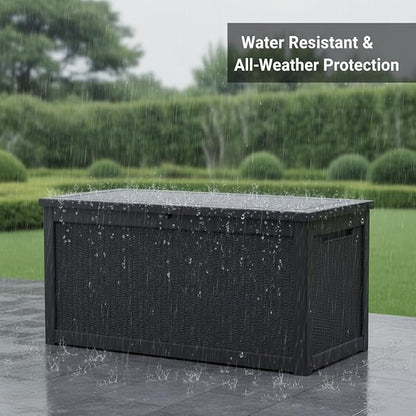 260 Gallon Resin Deck Box, Outdoor Storage Chest with Wood Grain Pattern, All-Weather Waterproof Patio Furniture for Cushions, Garden Tools, Pool Accessories - Easy Assembly, No Tools Needed