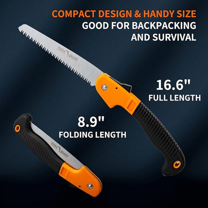 FLORA GUARD 7.7-Inch Folding Hand Saw, Pruning Saw with Trible-Cut Razor Teeth for Wood Cutting, Tree Trimming, Professional Camping Gardening Tools (Orange)