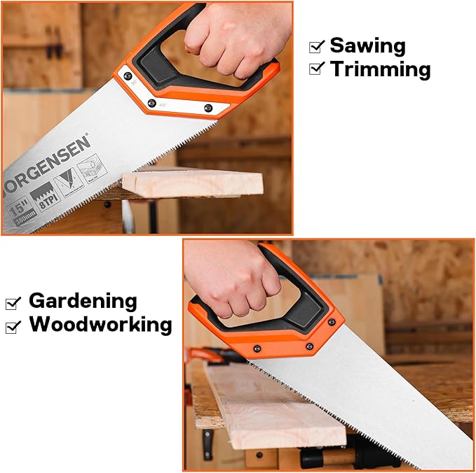 JORGENSEN 15 Inch Pro Hand Saw, 8 TPI Fine-Cut Ergonomic Non-Slip Aluminum Ultrasonic Welding Handle for Sawing, Trimming, Gardening, Woodworking, Drywall, Plastic Pipes