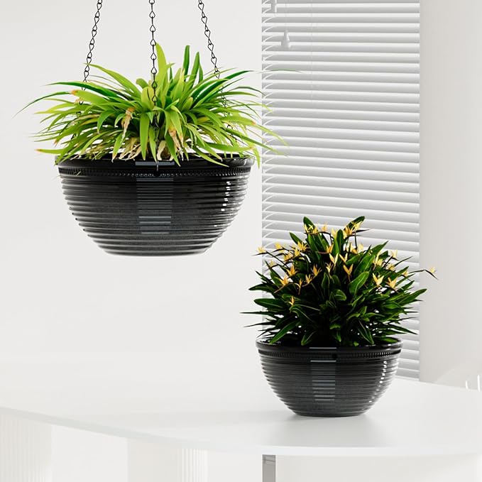 2 Pack Hanging Planters for Indoor Outdoor Plants, 10 Inch Hanging Planter with Drainage Hole & Plug Glazed Hanging Baskets Flower Pots for Garden Home (Black)