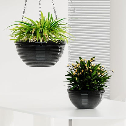 2 Pack Hanging Planters for Indoor Outdoor Plants, 10 Inch Hanging Planter with Drainage Hole & Plug Glazed Hanging Baskets Flower Pots for Garden Home (Black)