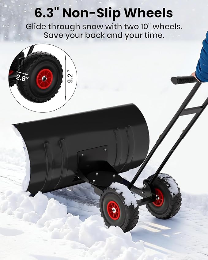 36” Snow Shovel for Driveway,Heavy Duty Wheeled Rolling Shovels 5 Position Angled Blade, Ergonomic Handle & Rubber Wheels for Efficient Snow Removal, Snow Plow for Doorway,Driveway and Sidewalks