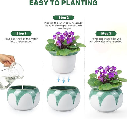 African Violet Pots, 6 Inch Self Watering Pots for Indoor Plants, Easy Plant Self Watering Planter, Ceramic Plant Pot with Absorbent Inner Pot for Flowers - Gradient Green (No Plants)