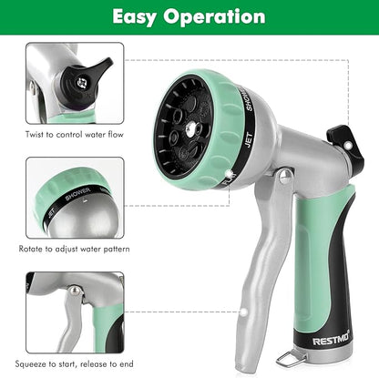 RESTMO Garden Hose Nozzle, Heavy Duty Metal Water Hose Nozzle with 7 Adjustable Spray Patterns, High Pressure Hand Sprayer with Flow Control, Best for Watering Plant & Lawn, Washing Car & Pet, Cyan