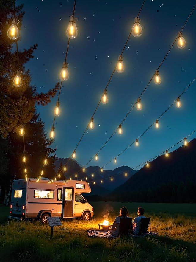 luckystyle 100FT Solar String Lights Outdoor Waterproof 2200K with Remote & USB Charging, 36+2 LED Shatterproof Bulbs, Dimmable & Timable, 3 Light Modes, Long Last for Garden,Patio, Backyard, Camping