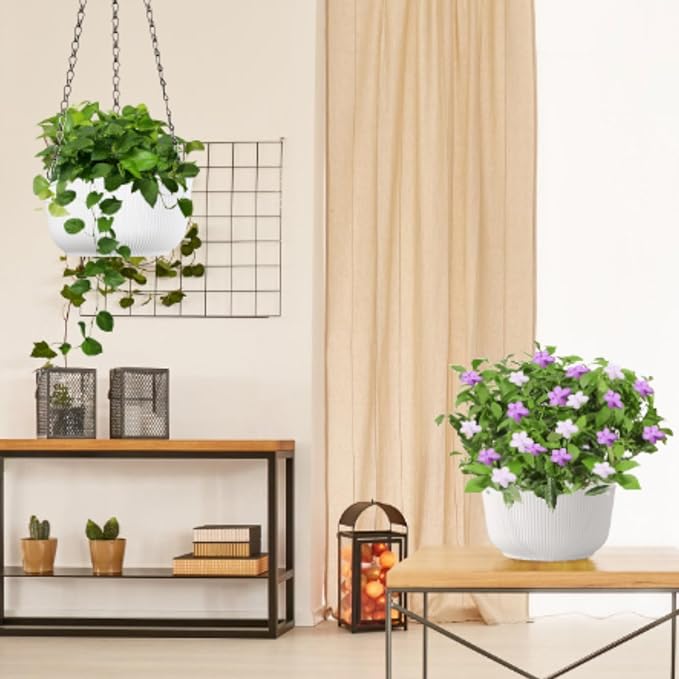 Set of 2 White 8.8 Inch Hanging Planters for Indoor Outdoor Plants, Self Watering Hanging Baskets Flower Pots with Drainage Hole & Plug