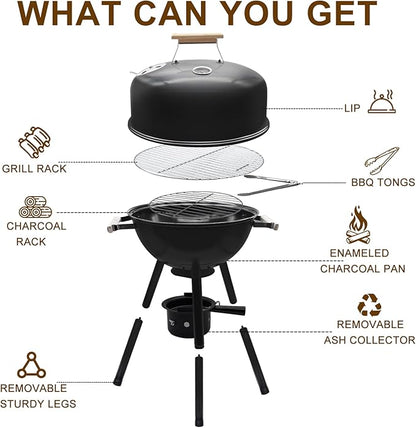 17 Inch Portable Charcoal Grill with Removable Legs, Porcelain Enamel BBQ Kettle with Ash Catcher and Wooden Handle for Camping, Tailgating, Patios, Backyards, Outdoor Cooking & Picnics