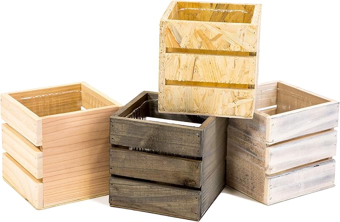 Wood Planter Box with Wine Crate Styled, 5 Inch Square, Whitewash, Plastic Liner, Garden Centerpiece Display, Wedding Flowers Holder, Home and Venue Decor (5x5 Wine Crate Set of 4, Whitewash)