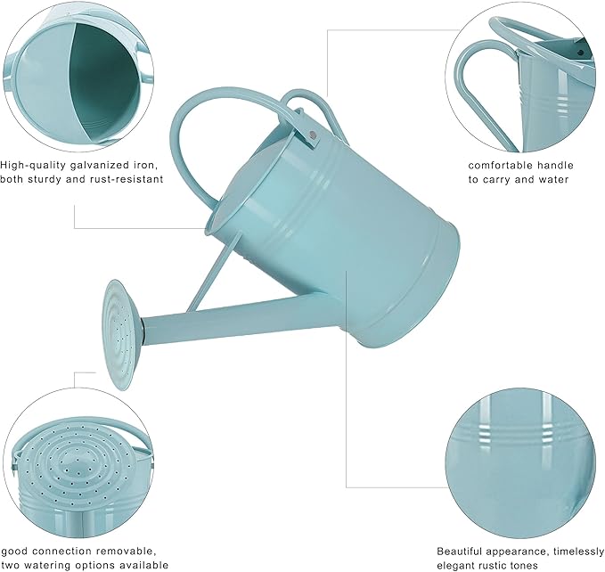 Galvanized Watering Can for Outdoor Indoor Plants, 1.7 Gallon Blue Decorative Countryside Style Water Can with Removable Spout, Metal Watering Can for Indoor Plants and Garden Flower
