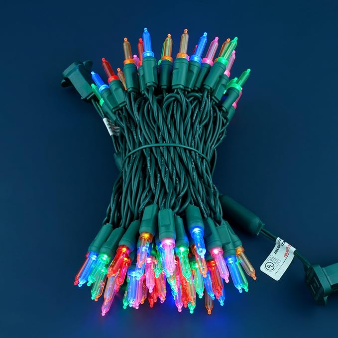 100 Multicolor One-Piece LED Christmas Lights, 33 ft Green Cord High Waterproof UL Certified T5 Outdoor String Lights (Multicolor)