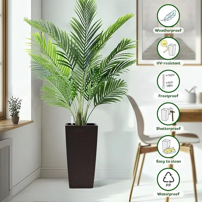 2 Pack Tall Planters for Indoor or Outdoor Plants, Self-Watering Pots with Drain Holes, 22-Inch High Faux Rattan Design Modern Tall Square Planter Box for Porch, Patio, Backyard (Pack of 2, Brown)