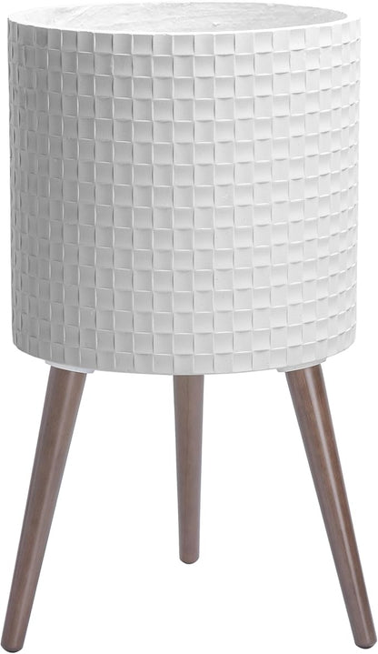 D'vine Dev 14 Inch Modern Geometric Tile Patterned Sleek Planter Pot with Stand, Indoor Outdoor Decorative Plant Holder, Matte White, 88-Z-D-1
