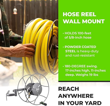 Yard Butler Wall Mounted Swivel Hose Reel, 180°, 100ft - Leakproof Hose Storage Solution - Durable Powder Coated Steel Construction - Rust Resistant Outdoor Watering Accessory - Tangle-Free Operation