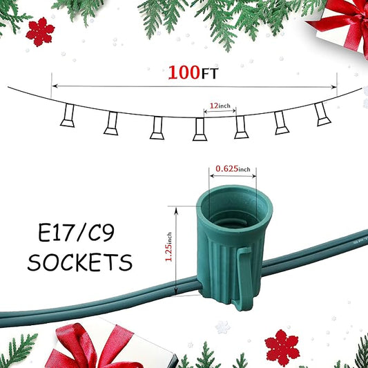 LUCKY TL 100 FT C9/E17 Christmas Light Sockets Spool Set, Green SPT-1 Wire, 12 Inch Spacing, C9 Outdoor String Lights, UL Listed