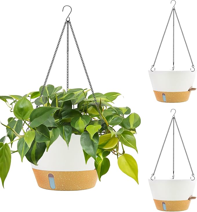 ZMTECH 12 Inch Hanging Planters for Indoor Plants, 3 Pack Self Watering Hanging Planter with Visual Reservoir, Hanging Pots for Plants Outdoor with Drainage Hole and Plant Hanger(3 Pack, White)
