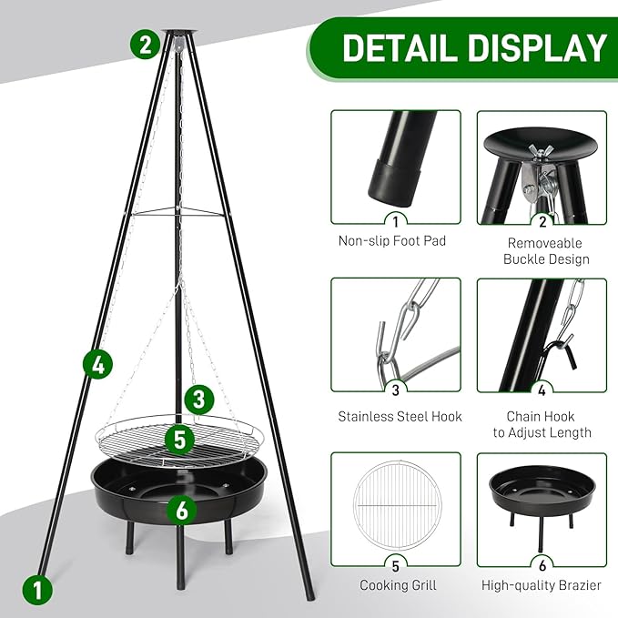 Outvita Campfire Tripod Grill, Adjustable Height BBQ Grill Grate with Fire Bowl for Outdoor Camping BBQ, Black