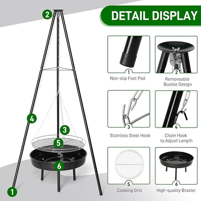Outvita Campfire Tripod Grill, Adjustable Height BBQ Grill Grate with Fire Bowl for Outdoor Camping BBQ, Black