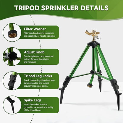 Tripod Sprinklers for Yard,Nalupatio Impact Sprinkler on Tripod Base,Heavy Duty Brass Sprinklers,360 Degree Large Area Irrigation,3/4 Inch Connector Sprinkler with Legs Flip Locks for Lawn/Yard,1 Pack