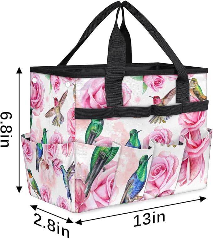 Hummingbird Flower Rose Garden Tool Bag Waterproof Gardening Tool Storage Bag with Handle & 10 Pockets Gardening Tote Bag for Women Garden Tool Organizer
