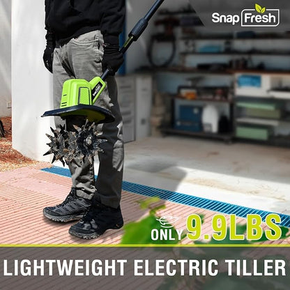 SnapFresh Cordless Tiller Cultivator, 20V Electric Garden Tiller with 4.0AH Battery and Fast Charger, 300 PRM Battery Powered Rototiller, 9" Width 6.6" Depth, 3 Speed Handheld Tiller with Steel Tines